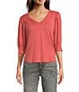 Democracy Solid Relaxed Knit V-Neck Elbow Sleeve Top, Color:Heather Cashmere Rose - Image 1