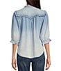 Color:Light Powder Blue - Image 2 - Woven Banded Collar 3/4 Sleeve Ruffle Trim Button-Front Shirt