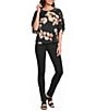 Democracy Woven Floral Scoop Neck Dolman Lace Inset Sleeve Top - Image 3