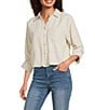 Democracy Woven Suede Point Collar 3/4 Tucked Sleeve Bubble Hem Button Front Shirt, Color:Vanilla - Image 1