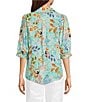 Democracy Woven Tropical Print Split V-Neck Elbow Sleeve Button-Front Top, Color:Light Turquoise Multi - Image 2