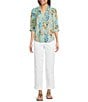 Democracy Woven Tropical Print Split V-Neck Elbow Sleeve Button-Front Top, Color:Light Turquoise Multi - Image 3