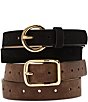 Dillard's 0.98#double; Round Buckle Faux Suede & 1.1#double; Rectangle Buckle Textured 2 For 1 Belt Set, Color:Black/Cognac - Image 1