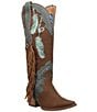 Color:Brown - Image 1 - Dream Catcher Feather Embroidered Suede Tall Western Boots