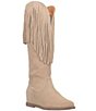 Color:Sand - Image 1 - Hassie Suede Fringed Collar Hidden Wedge Tall Western Boots