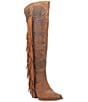 Color:Brown - Image 1 - Sky High Over The Knee Distressed Leather Fringe Western Boots