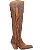 Color:Brown - Image 2 - Sky High Over The Knee Distressed Leather Fringe Western Boots