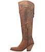Color:Brown - Image 4 - Sky High Over The Knee Distressed Leather Fringe Western Boots