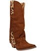 Dingo Wild Thang Suede Leopard Print Accent Cuffed Shaft Western Tall Boots - Image 1