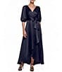 Color:Navy - Image 1 - 3/4 Balloon Sleeve Surplice V-Neck Faux Wrap Gown