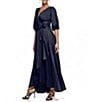 Color:Navy - Image 3 - 3/4 Balloon Sleeve Surplice V-Neck Faux Wrap Gown