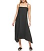 Color:Black - Image 1 - Asymmetrical Hem Square Neck Sleeveless Linen Waistless Midi Dress