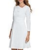 Color:White - Image 3 - Asymmetrical Pleated Neck 3/4 Sleeve Scuba Crepe Fit and Flare Dress