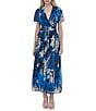 Donna Karan DKNY by Donna Karan Chiffon Floral Print V Neck Short Sleeve Sheath Maxi Dress, Color:Indigo Blue Multi - Image 1