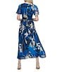 Donna Karan DKNY by Donna Karan Chiffon Floral Print V Neck Short Sleeve Sheath Maxi Dress, Color:Indigo Blue Multi - Image 2