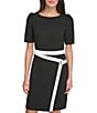 Donna Karan DKNY by Donna Karan Color Block Scuba Crepe Round Neck Short Sleeve Envelope Skirt Sheath Dress, Color:Black/Ivory - Image 5
