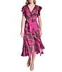 Donna Karan DKNY by Donna Karan Floral Print Charmeuse Ruffle Cap Sleeve Asymmetrical Flutter Hem Faux Wrap Midi Dress, Color:Rose Violet - Image 1