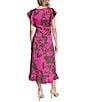 Donna Karan DKNY by Donna Karan Floral Print Charmeuse Ruffle Cap Sleeve Asymmetrical Flutter Hem Faux Wrap Midi Dress, Color:Rose Violet - Image 2