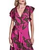 Donna Karan DKNY by Donna Karan Floral Print Charmeuse Ruffle Cap Sleeve Asymmetrical Flutter Hem Faux Wrap Midi Dress, Color:Rose Violet - Image 4