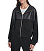Donna Karan DKNY by Donna Karan Hacci Mare Mixed Media Hooded Zip Front Jacket, Color:Black/Black - Image 1