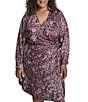Donna Karan DKNY by Donna Karan Plus Size Charmeuse Collared Long Sleeve Print Wrap Dress, Color:Damson Mlt - Image 4