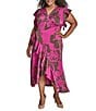 Donna Karan DKNY by Donna Karan Plus Size Floral Print Charmeuse Ruffle Cap Sleeve Asymmetrical Flutter Hem Faux Wrap Dress, Color:Rose Violet - Image 1