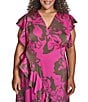 Donna Karan DKNY by Donna Karan Plus Size Floral Print Charmeuse Ruffle Cap Sleeve Asymmetrical Flutter Hem Faux Wrap Dress, Color:Rose Violet - Image 4