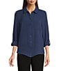 Donna Karan DKNY by Donna Karan Point Collar Long Roll-Tab Sleeve Button Front Blouse, Color:Hudson Blue - Image 1