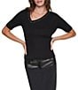 DKNY by Donna Karan Ribbed Knit Studded Asymmetric Neck Short Sleeve Sweater Top - Image 1
