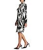 Donna Karan DKNY by Donna Karan Swirl Print Jersey Collared Long Sleeve Asymmetrical Button Front Dress, Color:Black/Ivy - Image 3