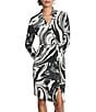 Donna Karan DKNY by Donna Karan Swirl Print Jersey Collared Long Sleeve Asymmetrical Button Front Dress, Color:Black/Ivy - Image 4