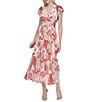 Donna Karan DKNY by Donna Karan Woven Abstract Print V Neck Short Flutter Sleeve Waist Tie A-Line Maxi Dress, Color:Coral Multi - Image 1