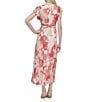 Donna Karan DKNY by Donna Karan Woven Abstract Print V Neck Short Flutter Sleeve Waist Tie A-Line Maxi Dress, Color:Coral Multi - Image 2