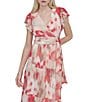 Donna Karan DKNY by Donna Karan Woven Abstract Print V Neck Short Flutter Sleeve Waist Tie A-Line Maxi Dress, Color:Coral Multi - Image 4