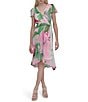 Donna Karan DKNY By Donna Karan Woven Floral Print V Neck Short Flutter Sleeve Wrap Dress, Color:Power Pink - Image 1