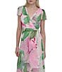 Donna Karan DKNY By Donna Karan Woven Floral Print V Neck Short Flutter Sleeve Wrap Dress, Color:Power Pink - Image 4
