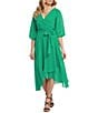 Color:Apple Green - Image 1 - Chiffon Surplice V Neckline 3/4 Balloon Sleeve Faux Wrap Midi Dress