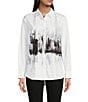 Color:White/Black/Grey - Image 1 - Cityscape Print Collared Neck Long Sleeve Button Down Shirt