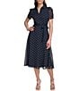 Color:Navy/Cream - Image 1 - Collar V-Neck Dotted Chiffon Short Ruched Sleeve Tie Waist A-Line Midi Dress