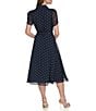 Color:Navy/Cream - Image 2 - Collar V-Neck Dotted Chiffon Short Ruched Sleeve Tie Waist A-Line Midi Dress