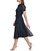 Color:Navy/Cream - Image 3 - Collar V-Neck Dotted Chiffon Short Ruched Sleeve Tie Waist A-Line Midi Dress