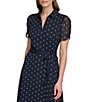 Color:Navy/Cream - Image 4 - Collar V-Neck Dotted Chiffon Short Ruched Sleeve Tie Waist A-Line Midi Dress