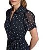 Color:Navy/Cream - Image 6 - Collar V-Neck Dotted Chiffon Short Ruched Sleeve Tie Waist A-Line Midi Dress