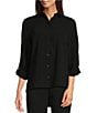 Color:Black - Image 1 - Collared Neckline Long Roll Tab Sleeve Button Down Shirt