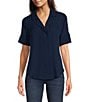 Color:Navy - Image 1 - Collared Neckline Short Sleeve Button Front Top
