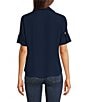 Color:Navy - Image 2 - Collared Neckline Short Sleeve Button Front Top