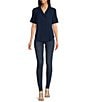 Color:Navy - Image 3 - Collared Neckline Short Sleeve Button Front Top