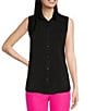 Color:Black - Image 1 - Collared Neckline Sleeveless Button Front Blouse