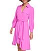 Color:Cosmic Pink - Image 4 - Collared Surplice V-Neckline Long Sleeve Dress