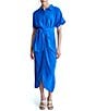 Color:Submerge - Image 1 - Crepe Collar Neck Short Sleeve Tie Waist Front Ruched Button Down Midi Dress